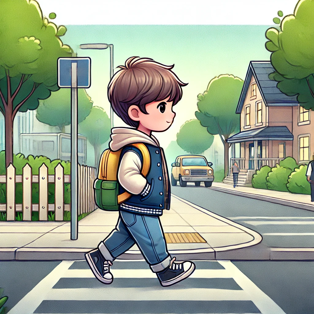 dall·e 2024 10 21 17.19.46 an illustration of a young child, around 6 8 years old, walking to school alone. the child is carrying a backpack and wearing casual clothes suitable