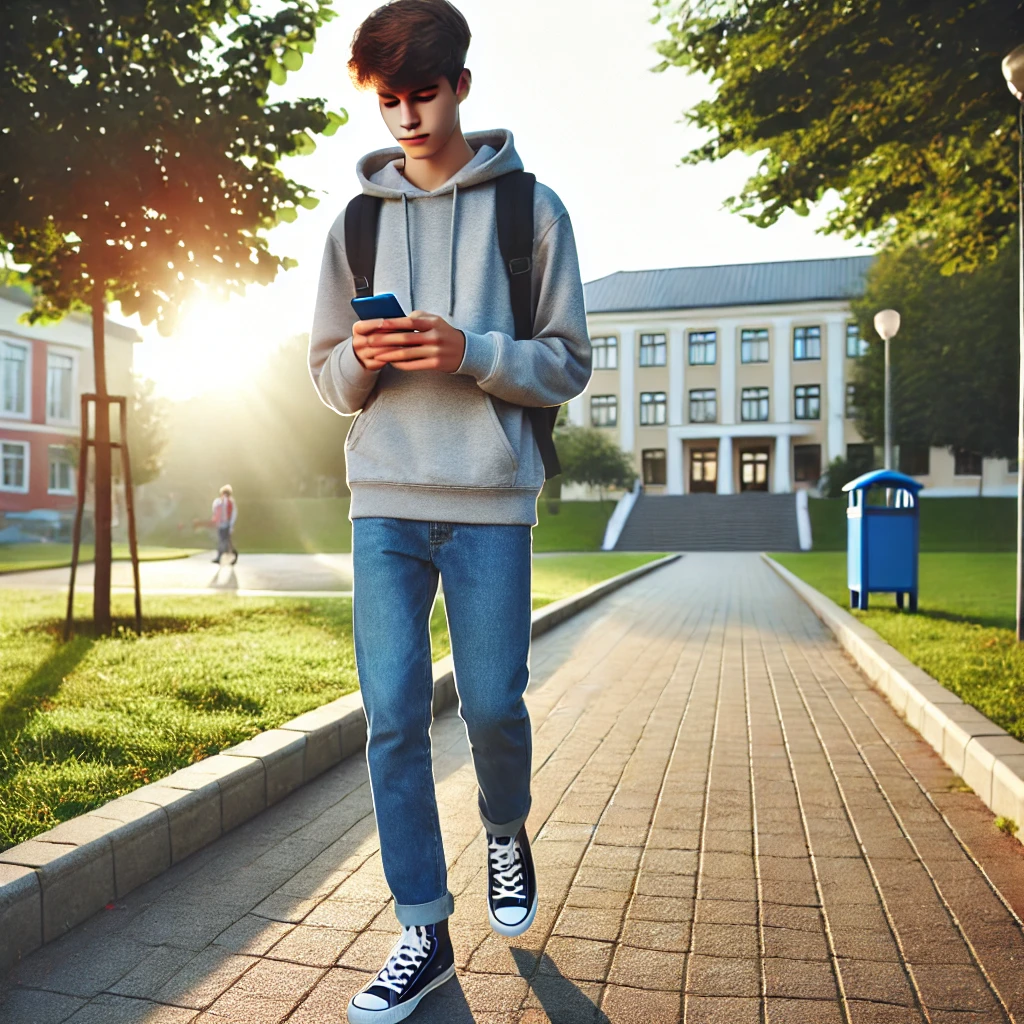 adolescent qui part à l'école avec son smartphone