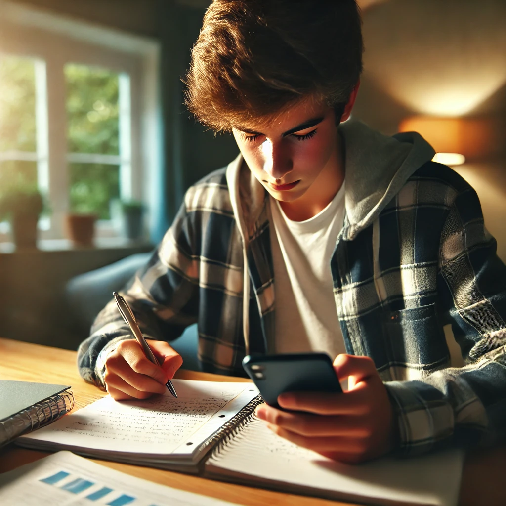 dall·e 2024 10 30 22.52.18 a teenager doing homework with the help of a smartphone, sitting at a desk with notebooks, papers, and a pen. the teenager is focused on the smartphon