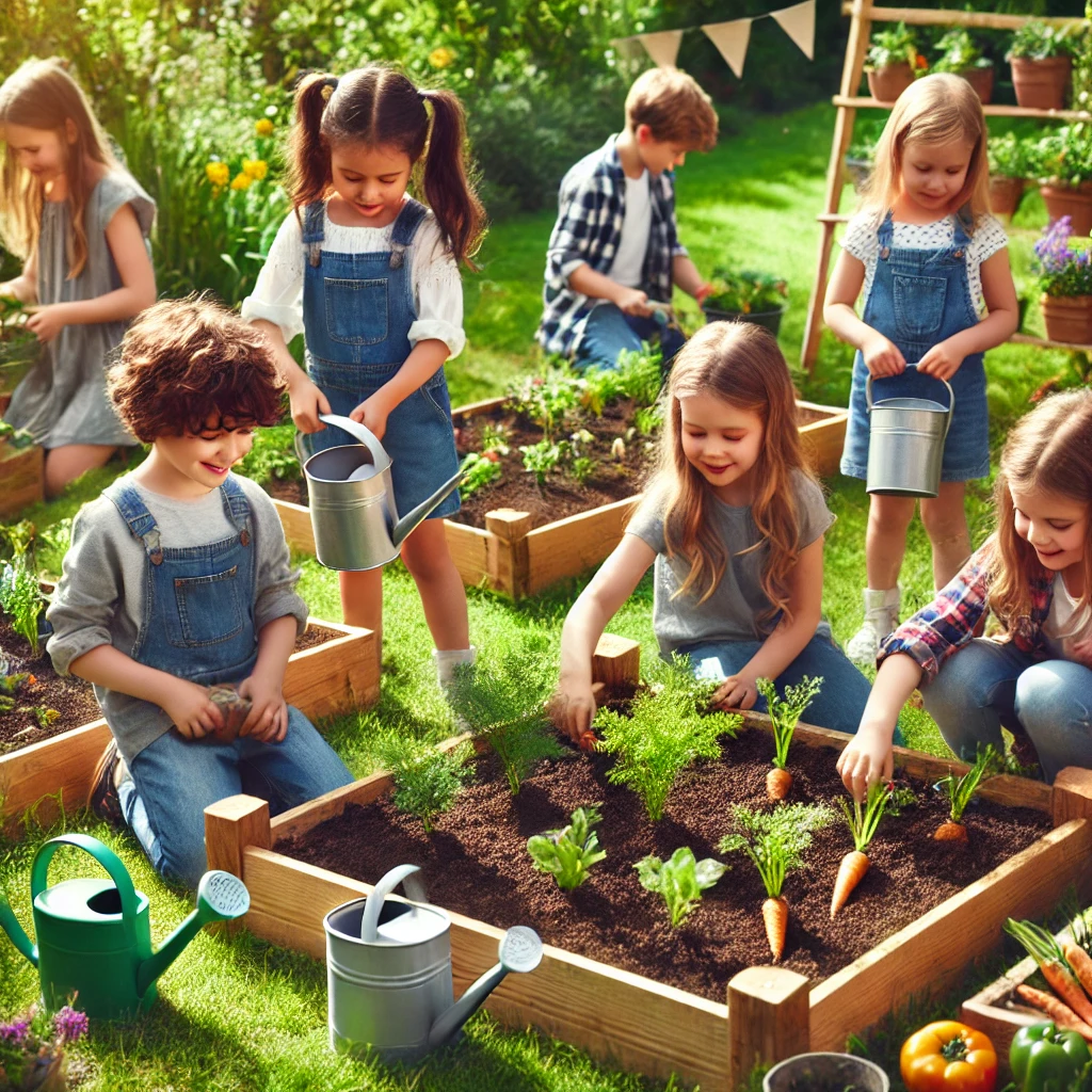 dall·e 2024 12 17 09.47.59 a group of children, aged 6 to 10, happily working in their own small vegetable garden. each child is tending to their garden patch, planting seeds, w