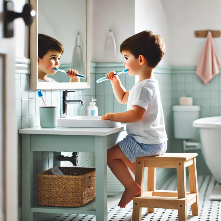 dall·e 2024 12 18 14.30.06 a young child, around 4 years old, brushing their teeth independently in a bathroom. the sink is at child height, with a small step stool for easy acc