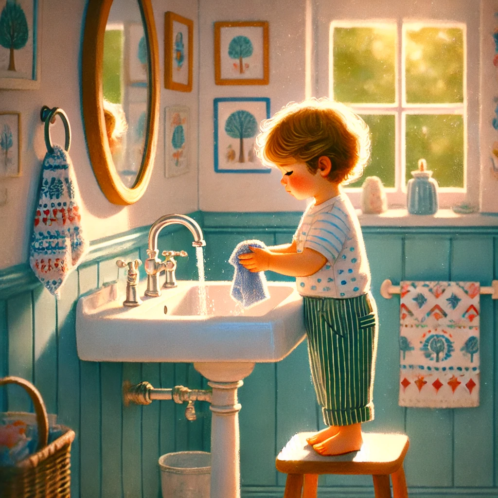 dall·e 2024 12 19 21.53.41 a charming scene of a young child, around 4 5 years old, learning to wash their face independently in a brightly lit bathroom. the child stands on a s