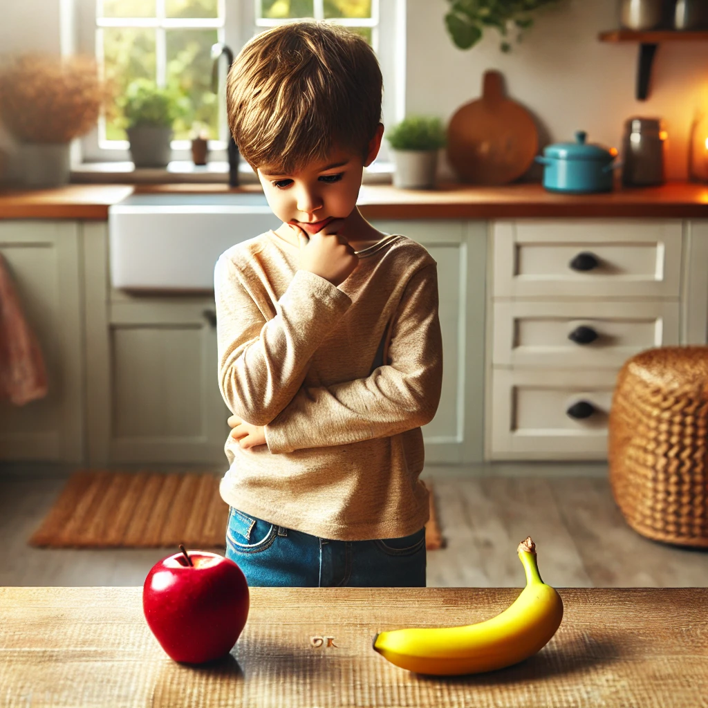 dall·e 2024 12 22 20.55.18 a child, around 7 years old, standing in a cozy, brightly lit kitchen, thoughtfully choosing between two options on a table a red apple and a banana